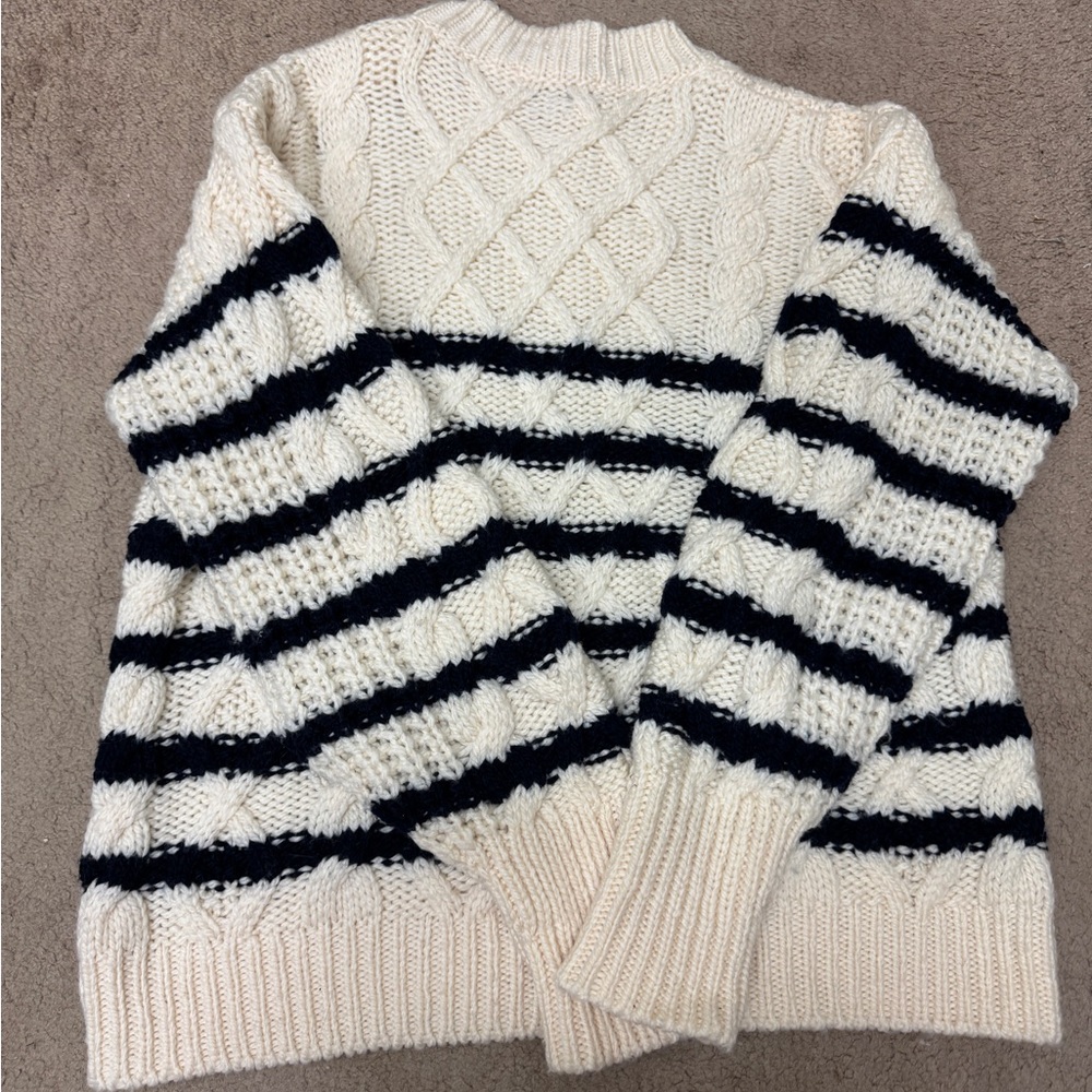 Sezane Striped Cream and Black Sweater with Button - Picture 3 of 8